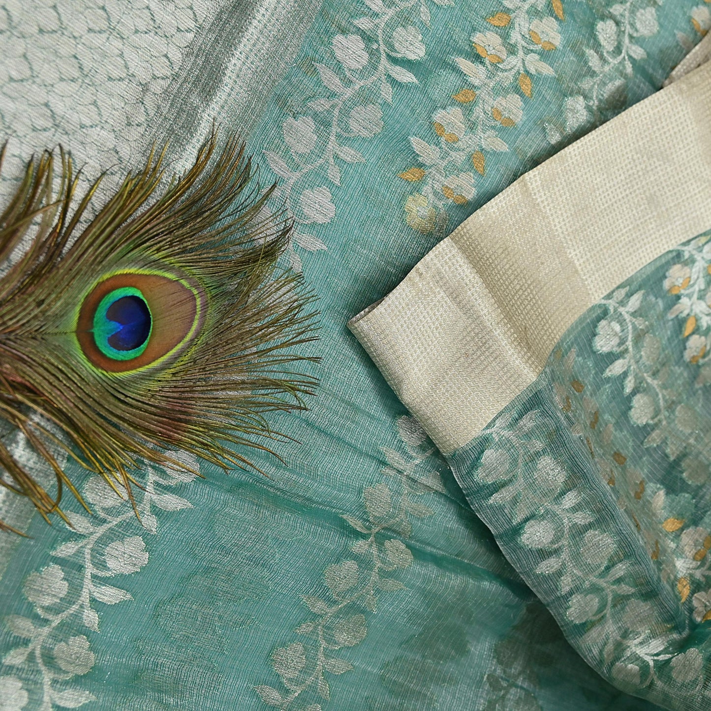 Indian Vintage Sari Green Hand Woven 100% Pure Organza Silk Saree Craft Fabric 6Yd Dress Making Crafting Quilting Upcycle Zari