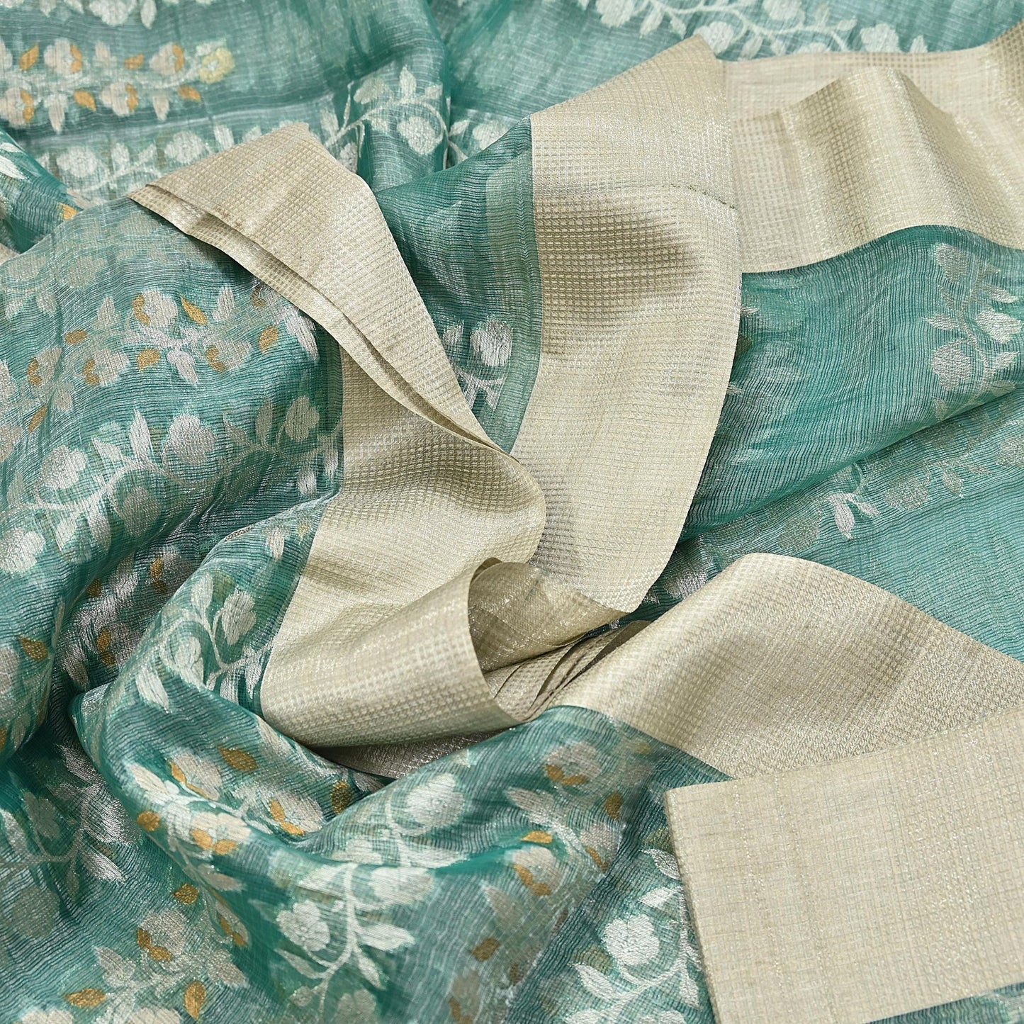Indian Vintage Sari Green Hand Woven 100% Pure Organza Silk Saree Craft Fabric 6Yd Dress Making Crafting Quilting Upcycle Zari