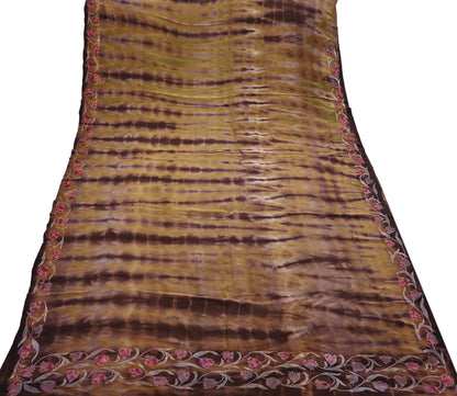 Indian Vintage Saree Brown & Green Pure Crepe Silk Tie-Dye Embroidered Sari Fabric 5yard Sewing Floral Soft Zari