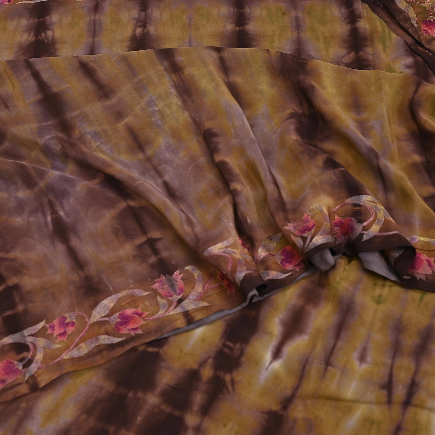 Indian Vintage Saree Brown & Green Pure Crepe Silk Tie-Dye Embroidered Sari Fabric 5yard Sewing Floral Soft Zari