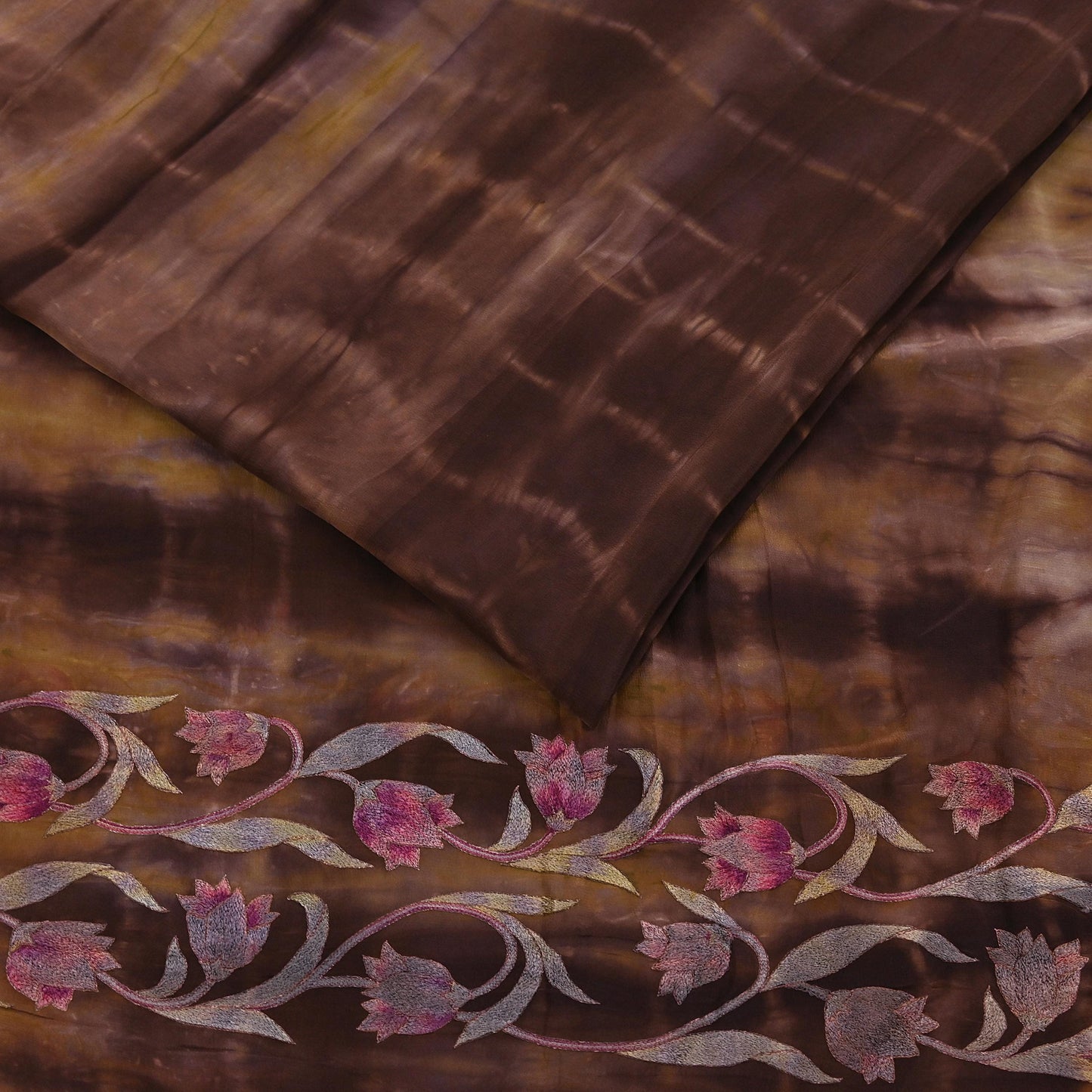 Indian Vintage Saree Brown & Green Pure Crepe Silk Tie-Dye Embroidered Sari Fabric 5yard Sewing Floral Soft Zari