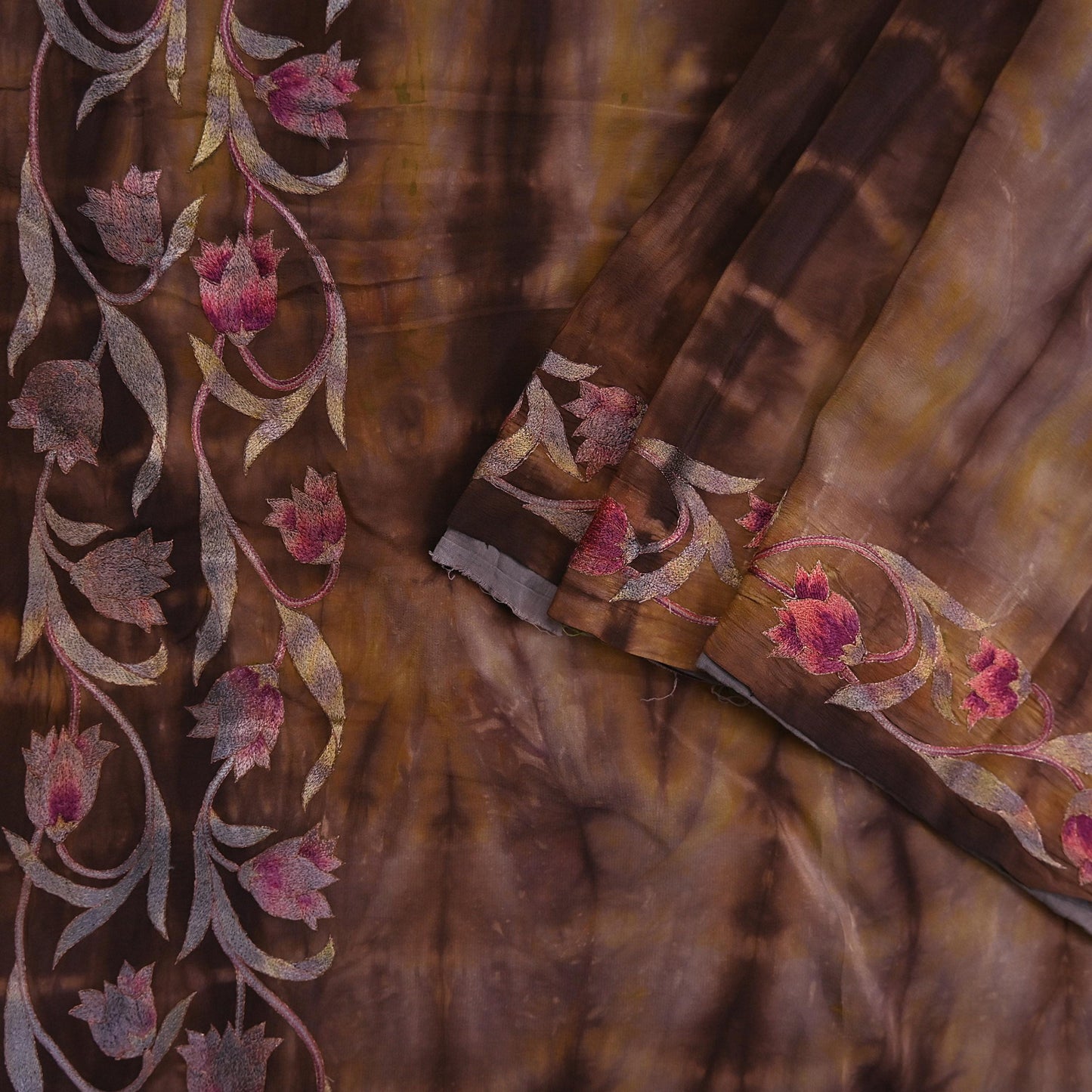 Indian Vintage Saree Brown & Green Pure Crepe Silk Tie-Dye Embroidered Sari Fabric 5yard Sewing Floral Soft Zari