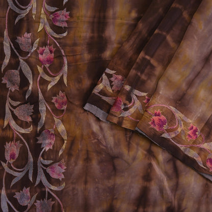 Indian Vintage Saree Brown & Green Pure Crepe Silk Tie-Dye Embroidered Sari Fabric 5yard Sewing Floral Soft Zari
