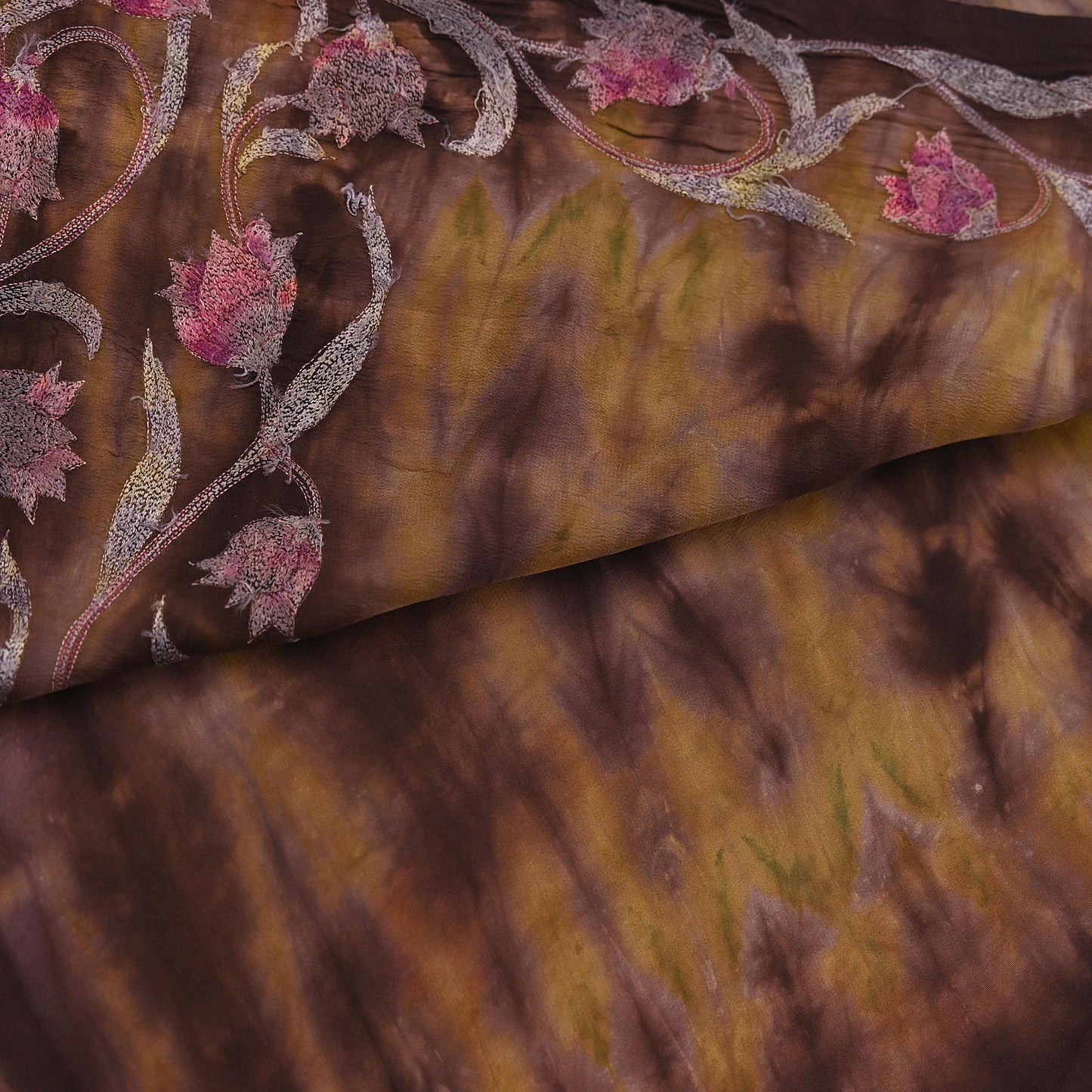 Indian Vintage Saree Brown & Green Pure Crepe Silk Tie-Dye Embroidered Sari Fabric 5yard Sewing Floral Soft Zari