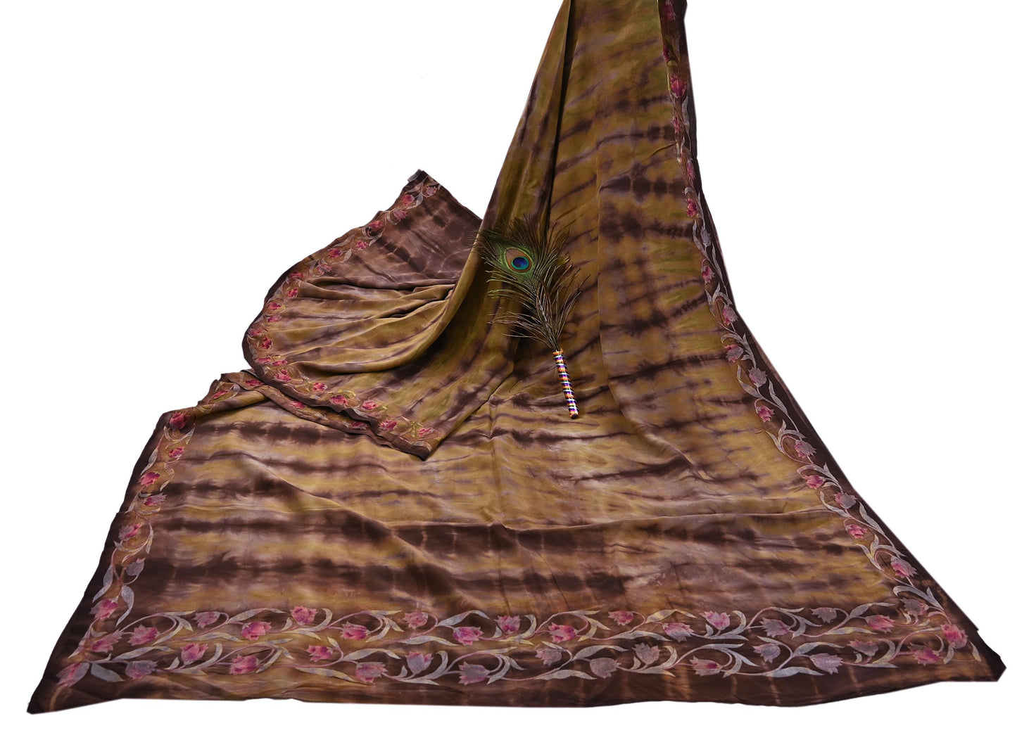 Indian Vintage Saree Brown & Green Pure Crepe Silk Tie-Dye Embroidered Sari Fabric 5yard Sewing Floral Soft Zari