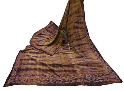 Indian Vintage Saree Brown & Green Pure Crepe Silk Tie-Dye Embroidered Sari Fabric 5yard Sewing Floral Soft Zari