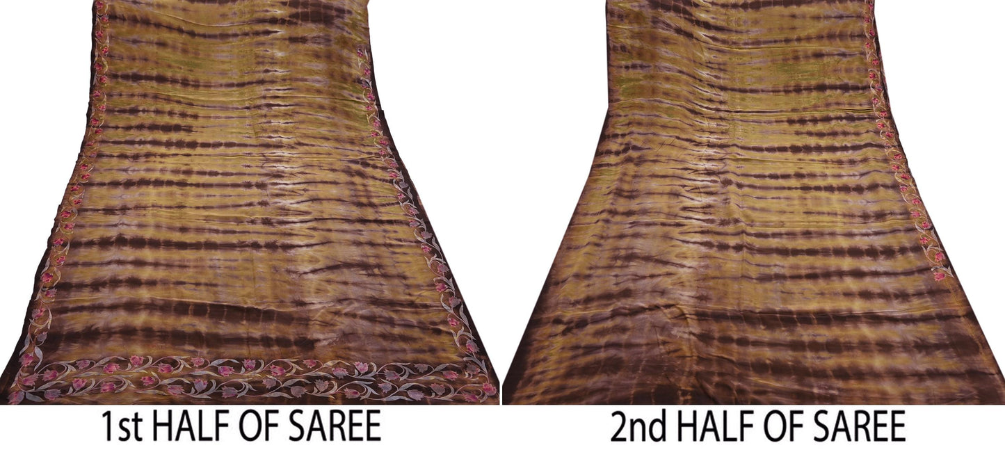 Indian Vintage Saree Brown & Green Pure Crepe Silk Tie-Dye Embroidered Sari Fabric 5yard Sewing Floral Soft Zari
