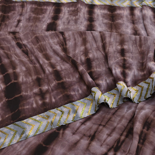 Indian Vintage Saree Brown & Beige Pure Crepe Silk Tie-Dye Embroidered Sari Fabric 5yard Sewing Floral Soft Zari