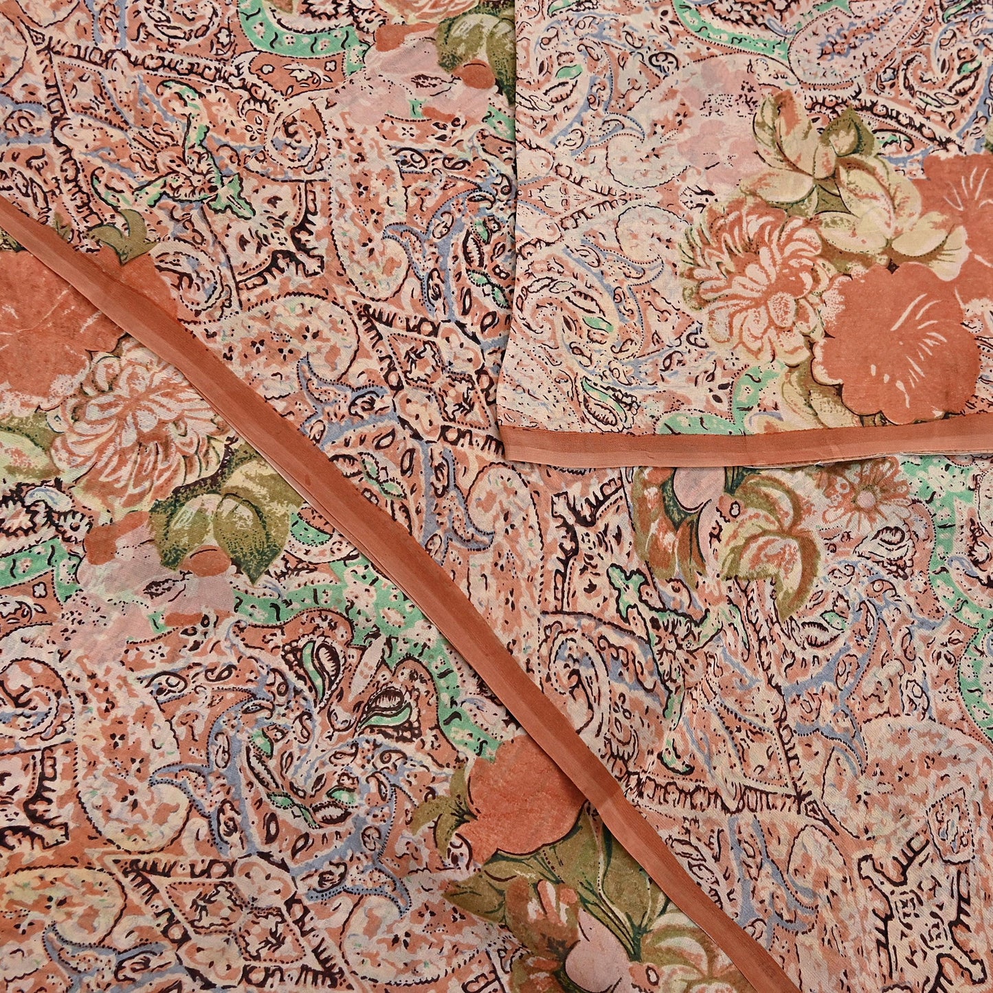 Indian Vintage Sari Beige & Almond 100% Pure Georgette Silk Block Printed Sarees Sewing 5yd Craft Soft Dress Designing for Crafting Abstract