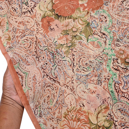 Indian Vintage Sari Beige & Almond 100% Pure Georgette Silk Block Printed Sarees Sewing 5yd Craft Soft Dress Designing for Crafting Abstract