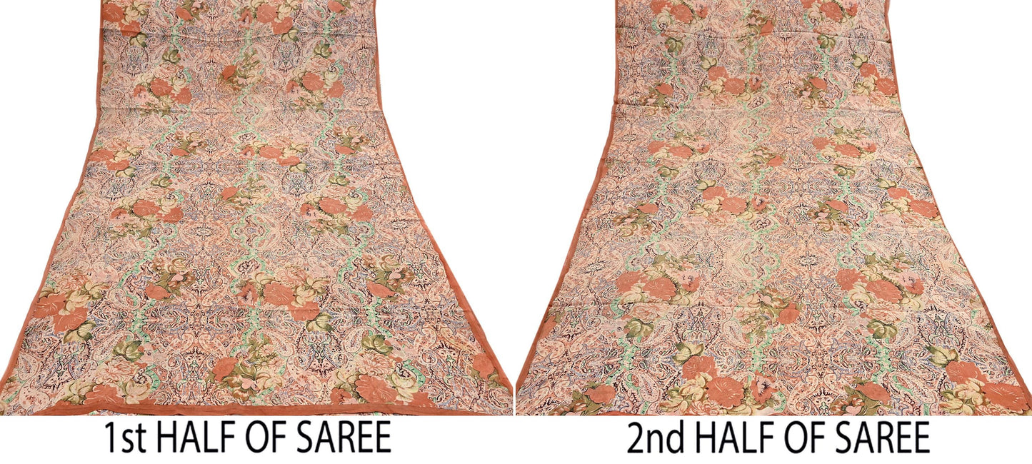 Indian Vintage Sari Beige & Almond 100% Pure Georgette Silk Block Printed Sarees Sewing 5yd Craft Soft Dress Designing for Crafting Abstract