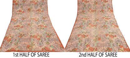 Indian Vintage Sari Beige & Almond 100% Pure Georgette Silk Block Printed Sarees Sewing 5yd Craft Soft Dress Designing for Crafting Abstract