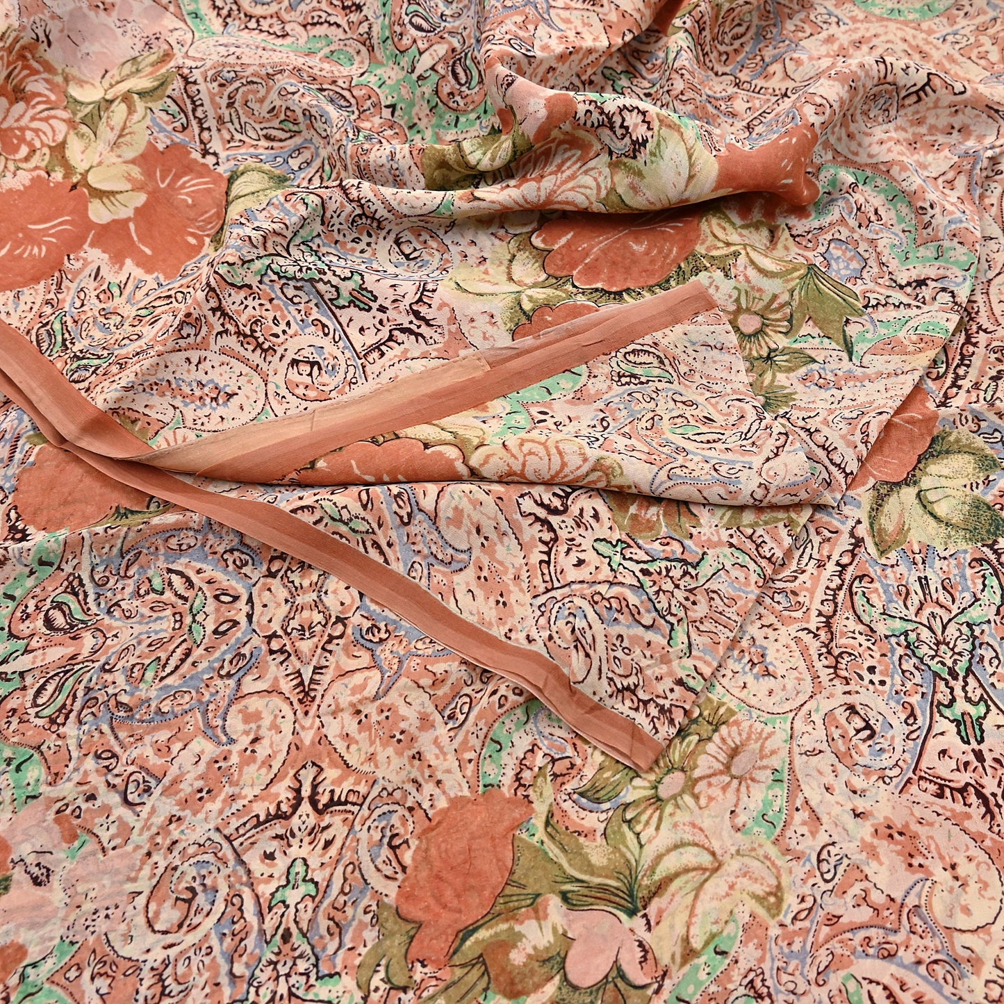 Indian Vintage Sari Beige & Almond 100% Pure Georgette Silk Block Printed Sarees Sewing 5yd Craft Soft Dress Designing for Crafting Abstract