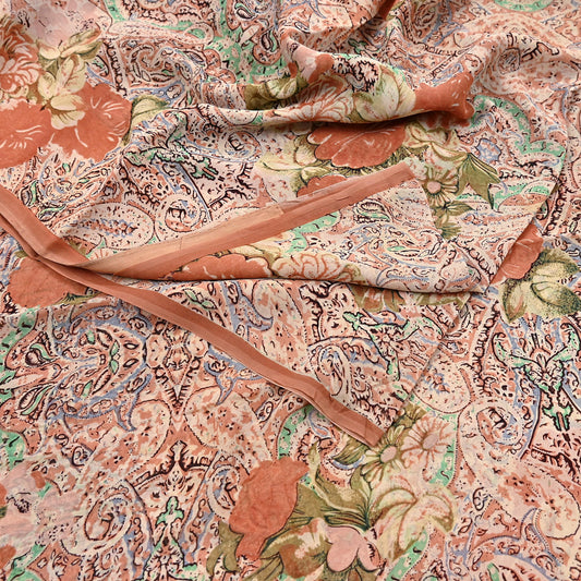 Indian Vintage Sari Beige & Almond 100% Pure Georgette Silk Block Printed Sarees Sewing 5yd Craft Soft Dress Designing for Crafting Abstract