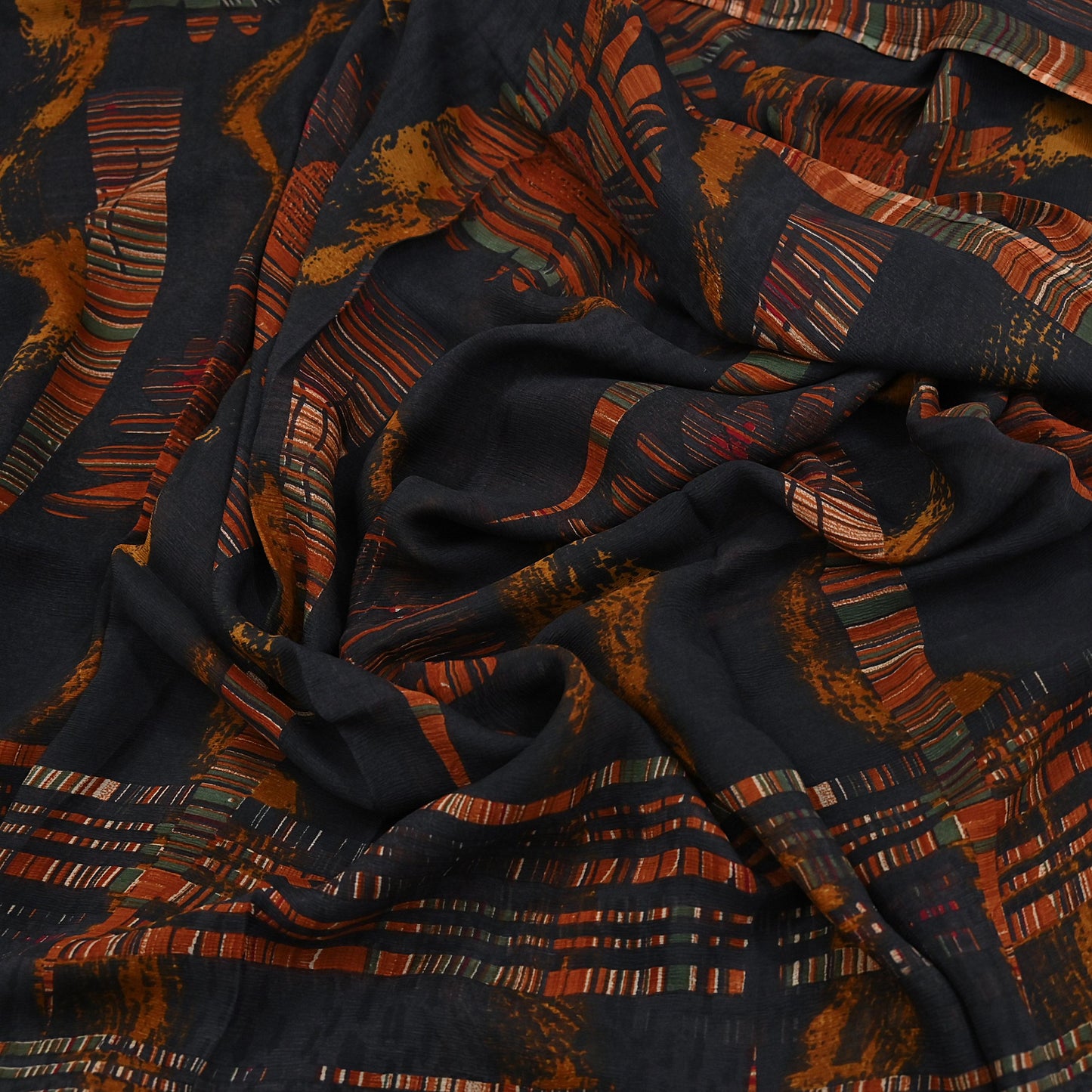 Vintage Saree Black Pure Chiffon Silk Printed Sari Craft Fabric Sewing 5Yard Soft