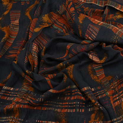 Vintage Saree Black Pure Chiffon Silk Printed Sari Craft Fabric Sewing 5Yard Soft
