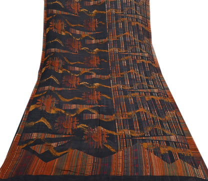 Vintage Saree Black Pure Chiffon Silk Printed Sari Craft Fabric Sewing 5Yard Soft