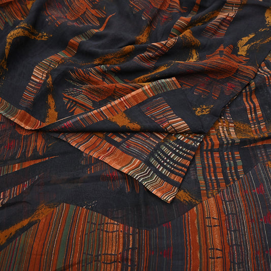 Vintage Saree Black Pure Chiffon Silk Printed Sari Craft Fabric Sewing 5Yard Soft