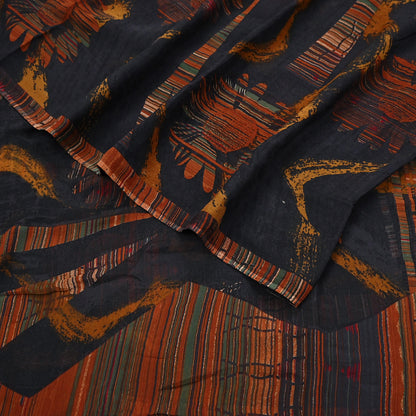 Vintage Saree Black Pure Chiffon Silk Printed Sari Craft Fabric Sewing 5Yard Soft