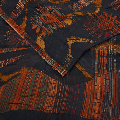 Vintage Saree Black Pure Chiffon Silk Printed Sari Craft Fabric Sewing 5Yard Soft