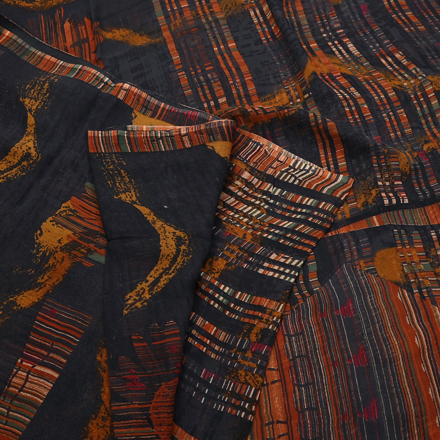 Vintage Saree Black Pure Chiffon Silk Printed Sari Craft Fabric Sewing 5Yard Soft