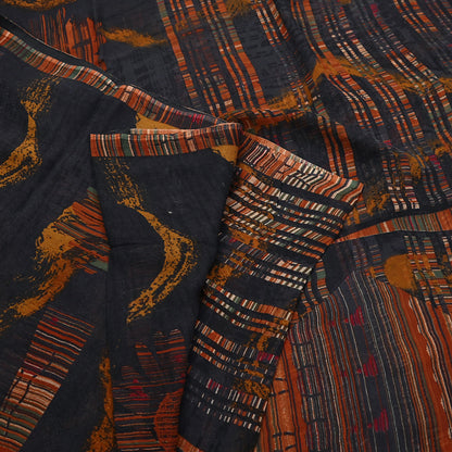 Vintage Saree Black Pure Chiffon Silk Printed Sari Craft Fabric Sewing 5Yard Soft
