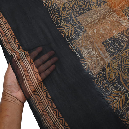 Women Vintage Sari Black & Rusty Brown 100% Pure Georgette Silk Block Printed Saree Craft Fabric Sewing 5Yard Soft Sari Dress Making
