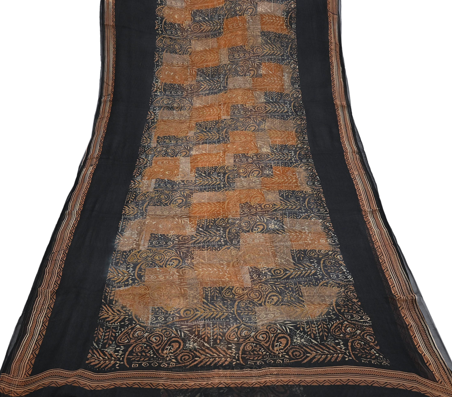Women Vintage Sari Black & Rusty Brown 100% Pure Georgette Silk Block Printed Saree Craft Fabric Sewing 5Yard Soft Sari Dress Making