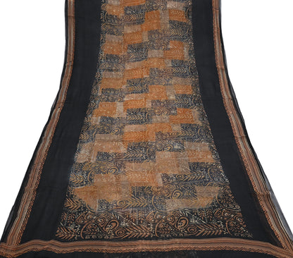 Women Vintage Sari Black & Rusty Brown 100% Pure Georgette Silk Block Printed Saree Craft Fabric Sewing 5Yard Soft Sari Dress Making
