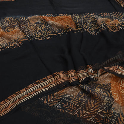 Women Vintage Sari Black & Rusty Brown 100% Pure Georgette Silk Block Printed Saree Craft Fabric Sewing 5Yard Soft Sari Dress Making