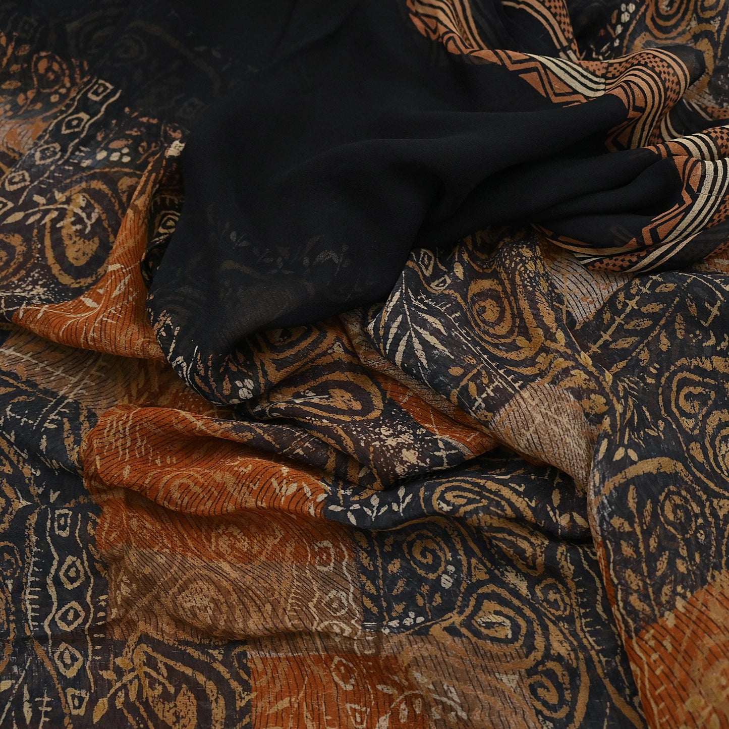 Women Vintage Sari Black & Rusty Brown 100% Pure Georgette Silk Block Printed Saree Craft Fabric Sewing 5Yard Soft Sari Dress Making
