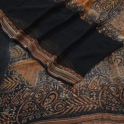 Women Vintage Sari Black & Rusty Brown 100% Pure Georgette Silk Block Printed Saree Craft Fabric Sewing 5Yard Soft Sari Dress Making