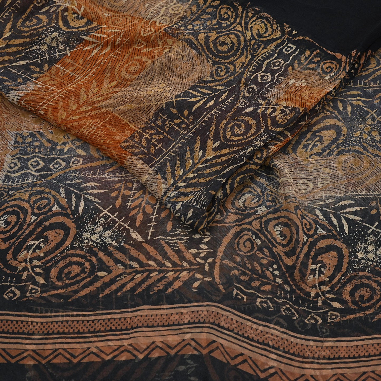 Women Vintage Sari Black & Rusty Brown 100% Pure Georgette Silk Block Printed Saree Craft Fabric Sewing 5Yard Soft Sari Dress Making