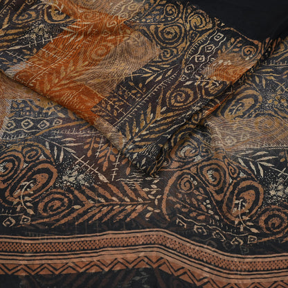 Women Vintage Sari Black & Rusty Brown 100% Pure Georgette Silk Block Printed Saree Craft Fabric Sewing 5Yard Soft Sari Dress Making