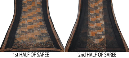Women Vintage Sari Black & Rusty Brown 100% Pure Georgette Silk Block Printed Saree Craft Fabric Sewing 5Yard Soft Sari Dress Making