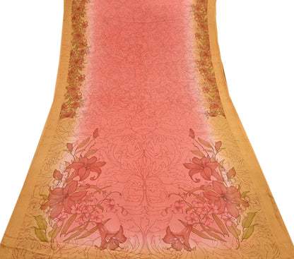 Indian Vintage Sari Peach Pure Silk Printed Sarees 5yd Sewing Craft Fabric Dress Making Soft Upcycle Quilting Crafting