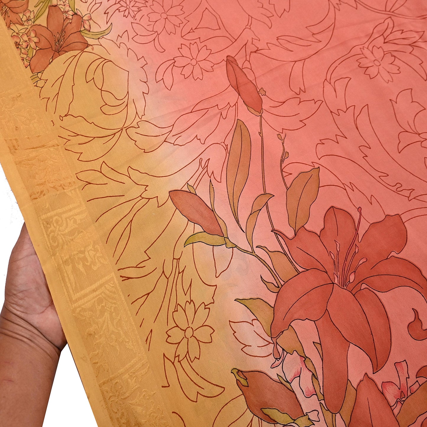 Indian Vintage Sari Peach Pure Silk Printed Sarees 5yd Sewing Craft Fabric Dress Making Soft Upcycle Quilting Crafting