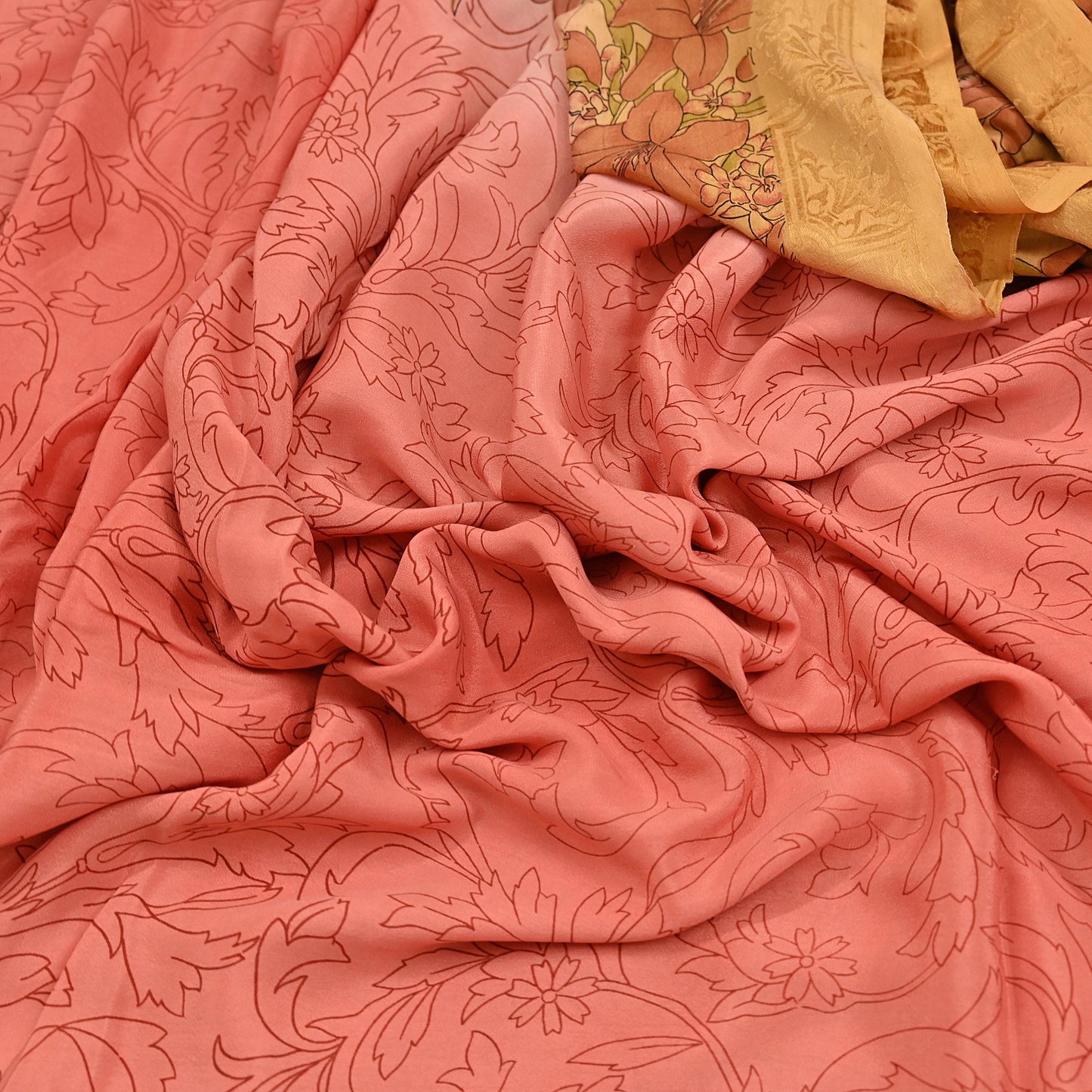 Indian Vintage Sari Peach Pure Silk Printed Sarees 5yd Sewing Craft Fabric Dress Making Soft Upcycle Quilting Crafting