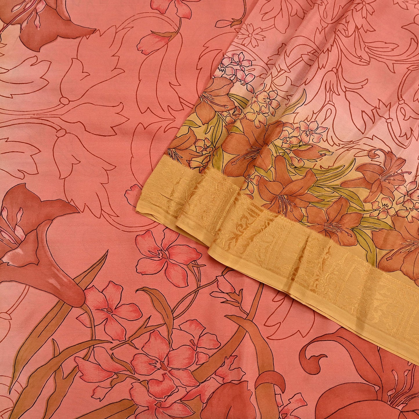 Indian Vintage Sari Peach Pure Silk Printed Sarees 5yd Sewing Craft Fabric Dress Making Soft Upcycle Quilting Crafting