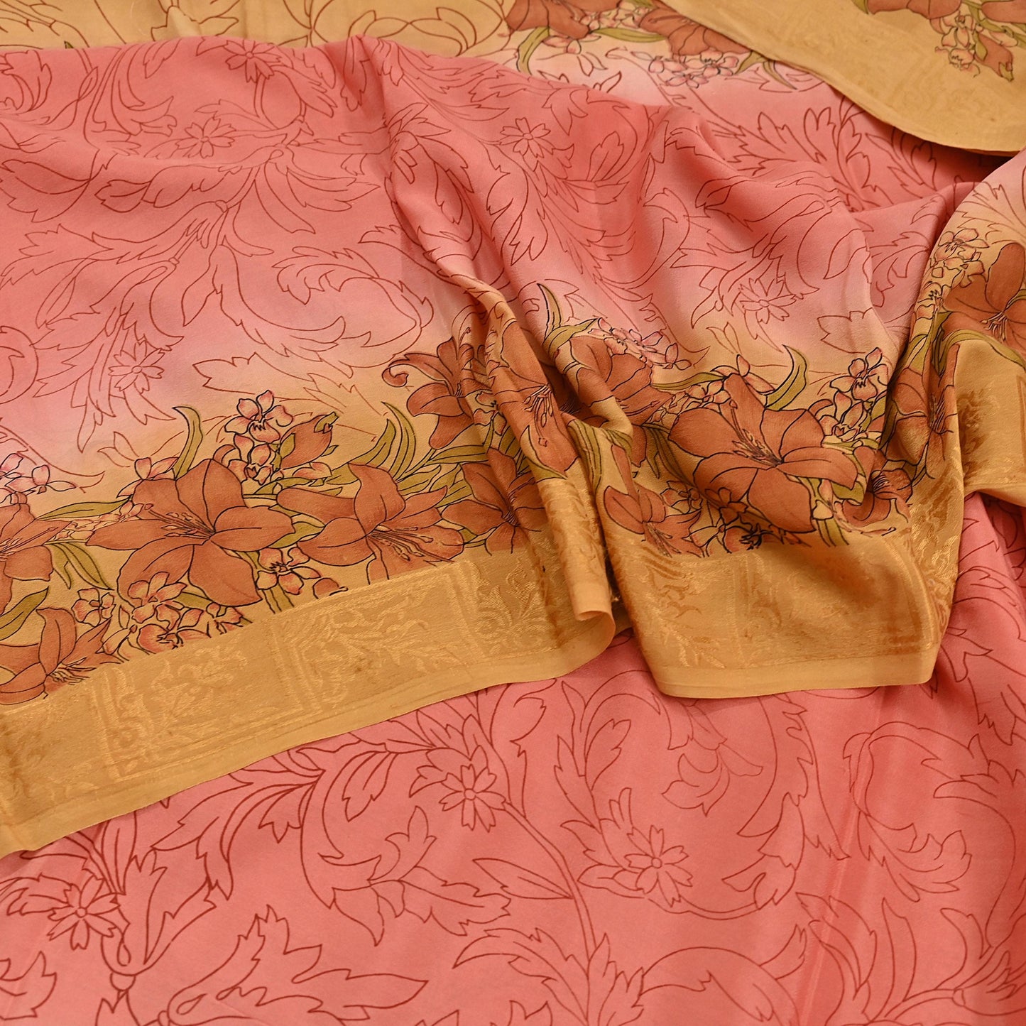 Indian Vintage Sari Peach Pure Silk Printed Sarees 5yd Sewing Craft Fabric Dress Making Soft Upcycle Quilting Crafting