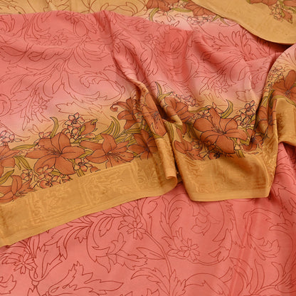 Indian Vintage Sari Peach Pure Silk Printed Sarees 5yd Sewing Craft Fabric Dress Making Soft Upcycle Quilting Crafting