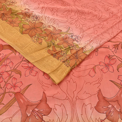 Indian Vintage Sari Peach Pure Silk Printed Sarees 5yd Sewing Craft Fabric Dress Making Soft Upcycle Quilting Crafting