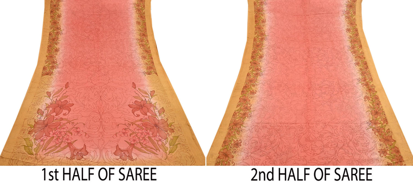 Indian Vintage Sari Peach Pure Silk Printed Sarees 5yd Sewing Craft Fabric Dress Making Soft Upcycle Quilting Crafting