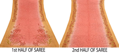 Indian Vintage Sari Peach Pure Silk Printed Sarees 5yd Sewing Craft Fabric Dress Making Soft Upcycle Quilting Crafting