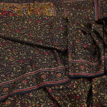 Indian Vintage Red & Black Pure Silk Printed Saree 6Yards Soft Floral Fabric for Dressmaking, Quilting, Crafting, Sewing, Dress Making