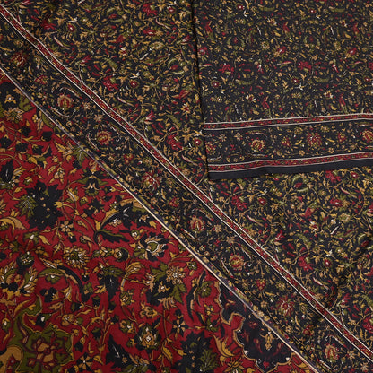 Indian Vintage Red & Black Pure Silk Printed Saree 6Yards Soft Floral Fabric for Dressmaking, Quilting, Crafting, Sewing, Dress Making