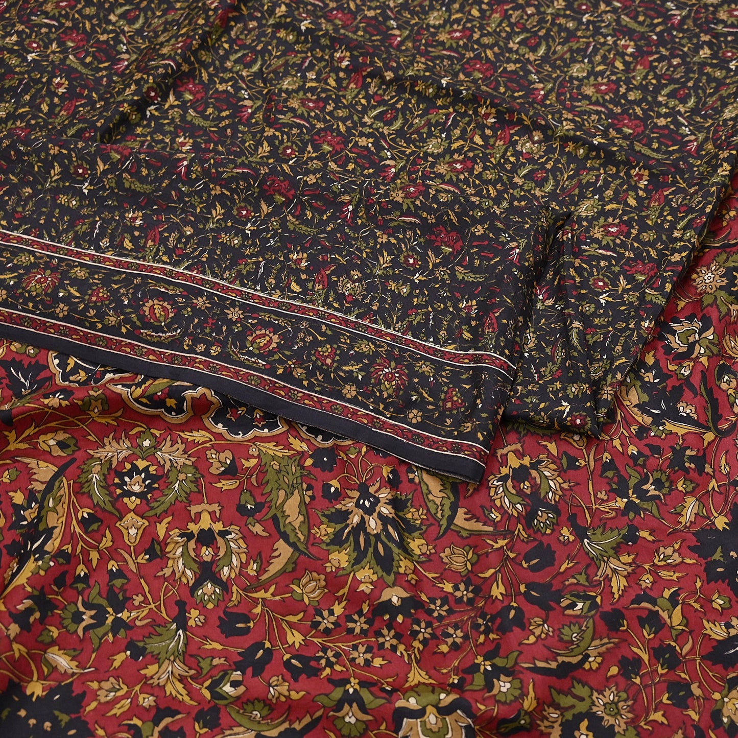 Indian Vintage Red & Black Pure Silk Printed Saree 6Yards Soft Floral Fabric for Dressmaking, Quilting, Crafting, Sewing, Dress Making