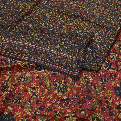 Indian Vintage Red & Black Pure Silk Printed Saree 6Yards Soft Floral Fabric for Dressmaking, Quilting, Crafting, Sewing, Dress Making