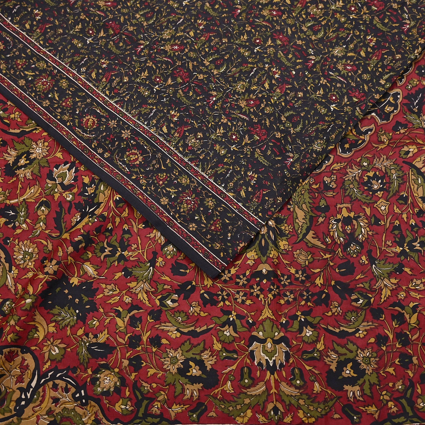 Indian Vintage Red & Black Pure Silk Printed Saree 6Yards Soft Floral Fabric for Dressmaking, Quilting, Crafting, Sewing, Dress Making