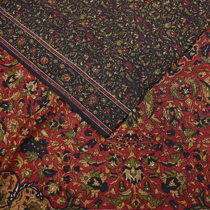 Indian Vintage Red & Black Pure Silk Printed Saree 6Yards Soft Floral Fabric for Dressmaking, Quilting, Crafting, Sewing, Dress Making